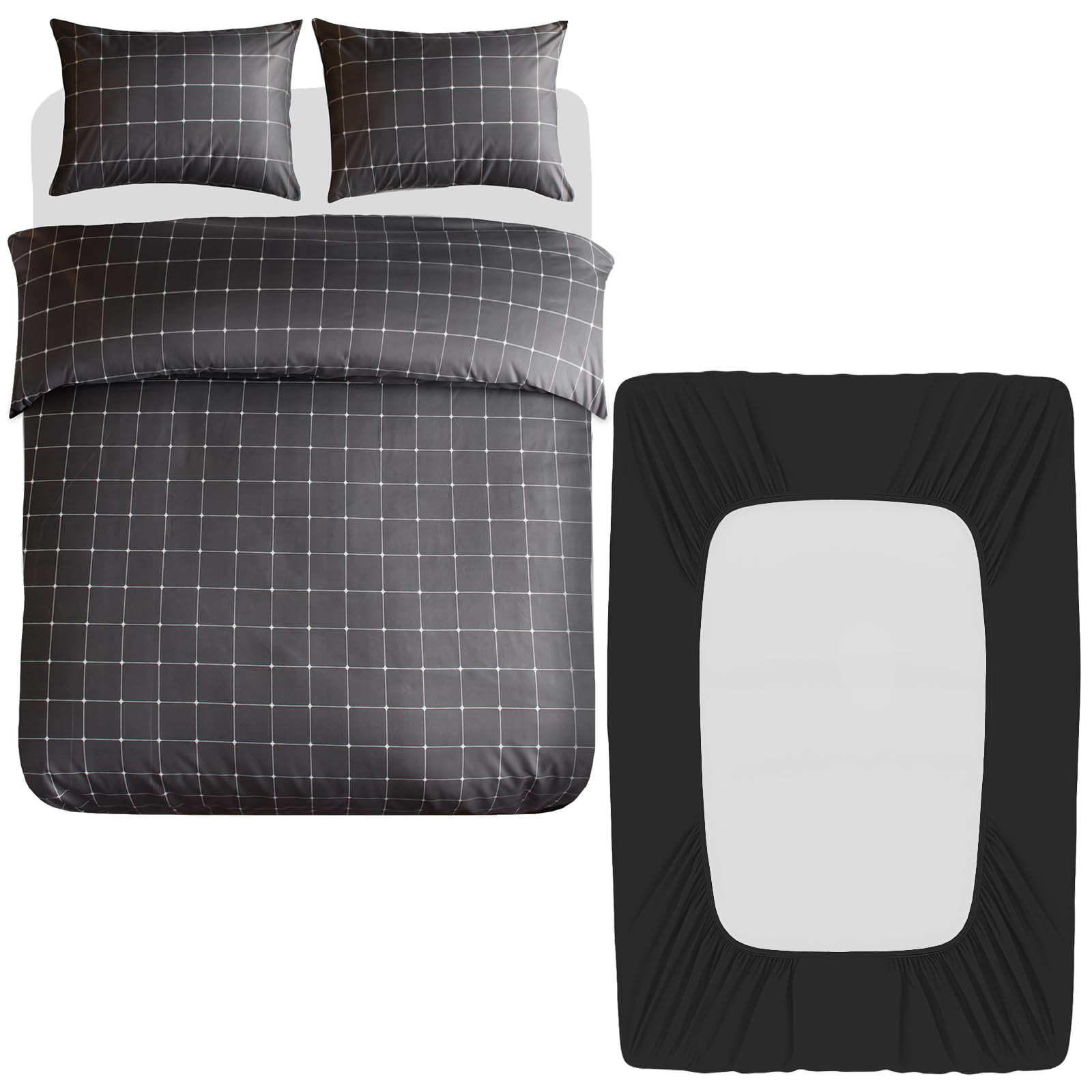 Lazzaro 4 Pcs Double Duvet Set with Matching Black Double Fitted Sheet 40 cm Extra Deep Pocket - UltraSoft Breathable Premium Microfibre Reversible Quilt Cover Bedding Set For All Seasons โ image 1