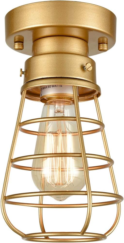 Industrial Flush Mount Ceiling Light Fixture, Gold Farmhouse Mini Metal Cage Light, Vintage Rustic Close to Ceiling Light Fixture for Kitchen Hallway Entryway Entrance Stairway Laundry Room