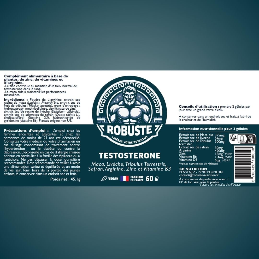 ROBUSTE Testostérone Performance et Circulation sanguine - L-Arginine, Tribulus, Maca, Ashwaganda, Zinc - Complément alimentaire naturel pour homme - Fabriqué en France - Cure 1 mois, 60 comprimés.