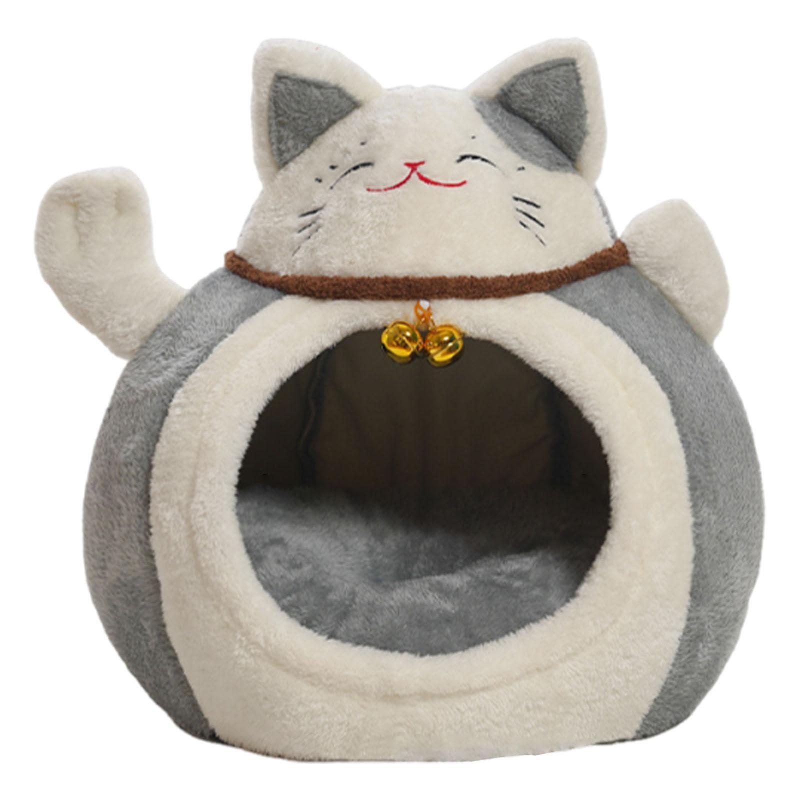 Milageto Niche pour Chat Multifonctionnelle, Abri pour Animal en Forme de Chat Porte-Bonheur, Maison Antidérapante et Confortable avec Clochette, Lit Doux en Coton PP pour Animaux de Compagnie, Gris L