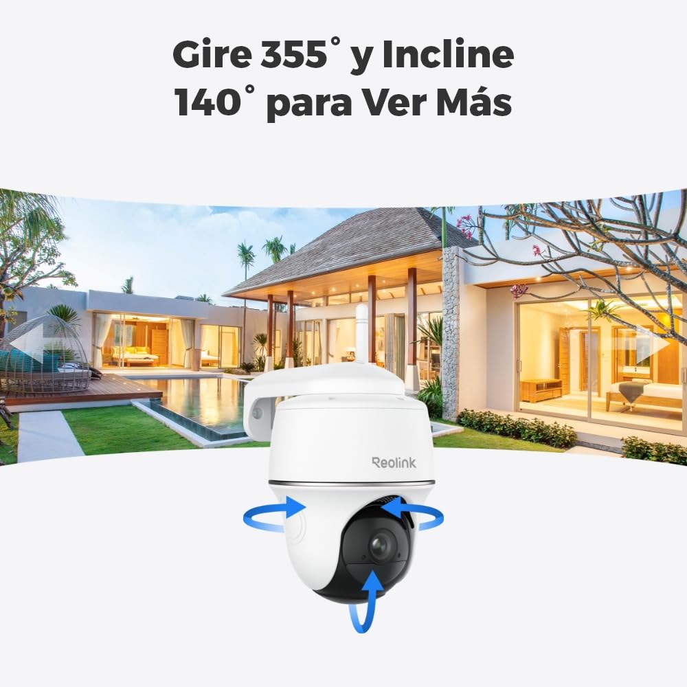 Reolink 3MP 360° PTZ Camara Vigilancia WiFi Exterior, Detección Inteligente | Audio bidireccional, 355° Pan & 140° Tilt, Persona/Vehículo, Sirena, Wi-Fi 2.4GHz, Panel Solar Incluido