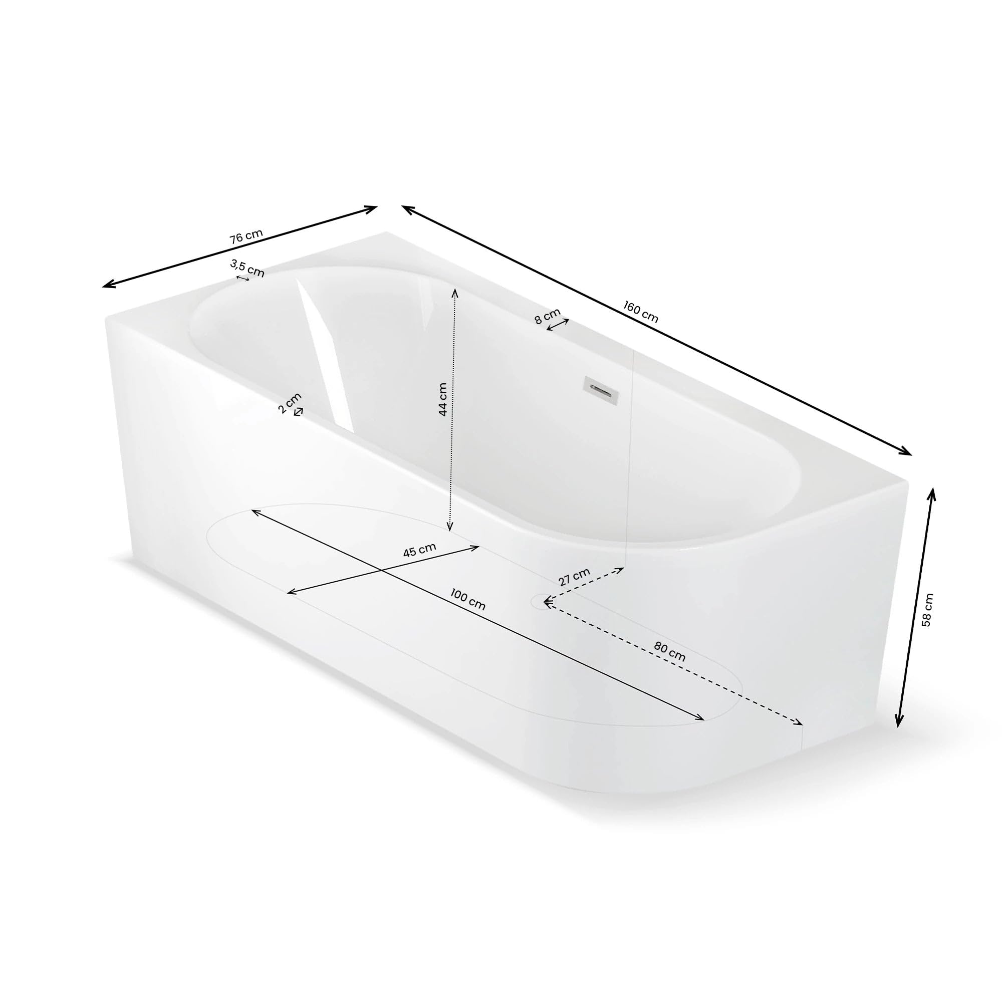 CAPRI GAUCHE - Vasca freestanding a parete Sinistra L 160 x l 76 cm, by SPALINA