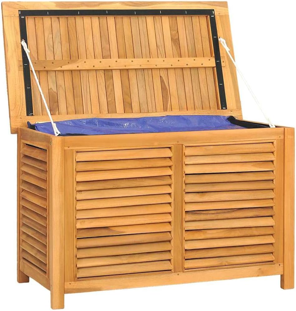 35.4x22.8 in Solid Teak Garden Storage Box with Louvered Doors, Outdoor Wood Deck Box for Patio Cushions & Tools, Weathered Finish, Rustic Brown Chest for Poolside or Porch