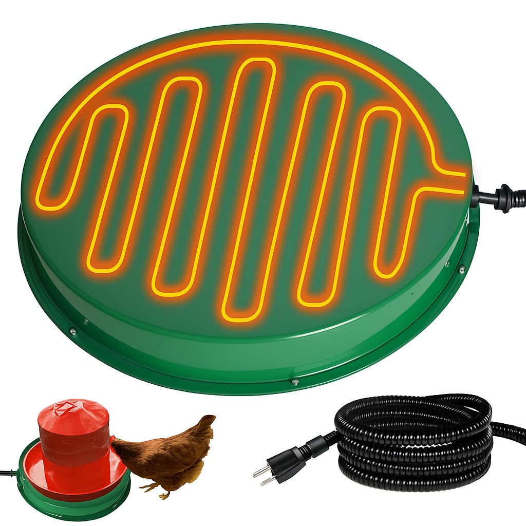 Chicken Water Heater for Winter, 125W Poultry Waterer Heated Base 31.4cm / 12.4in for Metal or Plastic Drinkers 1-5 Gallon, Freeze Proof Thermostat Deicer Chicken Drinker Heater