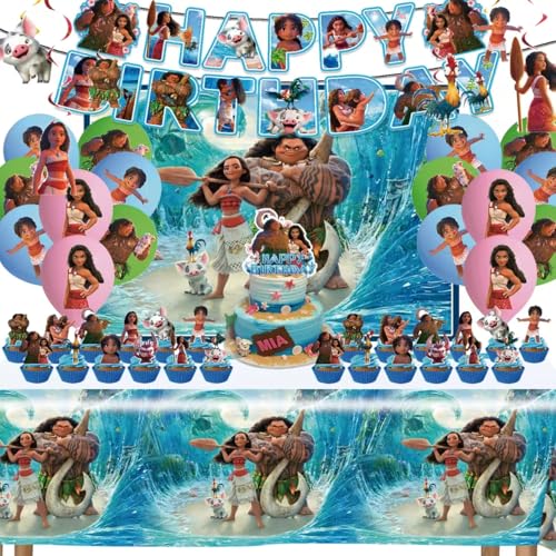 Moana Birthday Party Supplies Birthday Party Decorations Set Include Banner Backdrop Balloons Hanging Swirls Cake Cupcake Toppers Tablecloth for Moana Party Decorations