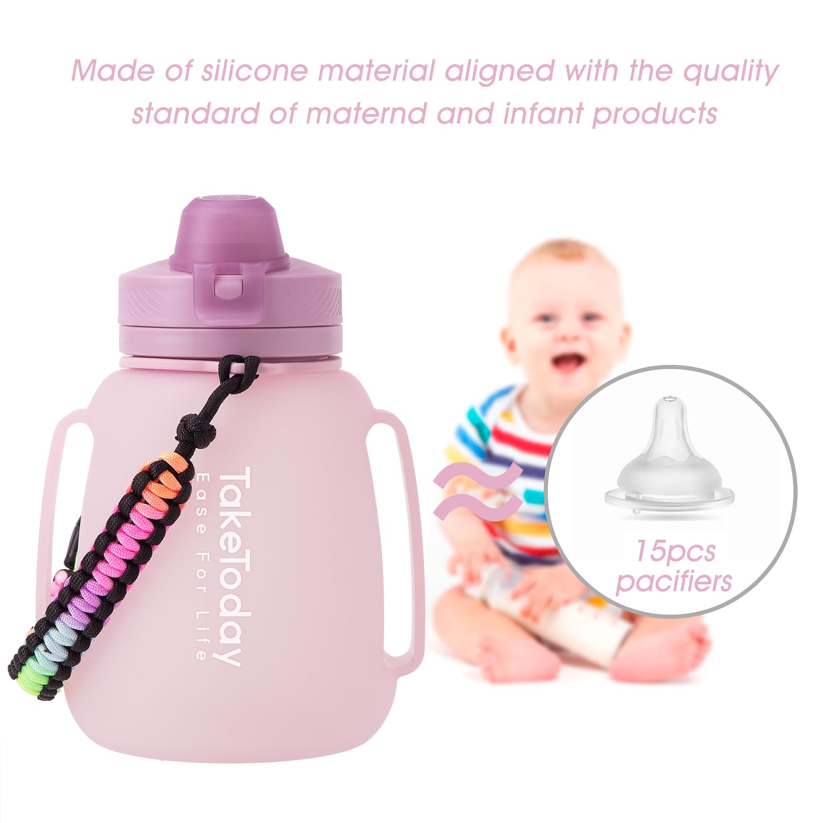 TakeToday Faltbare Trinkflaschen für den Außenbereich, 1134 g, Violett | Zeitmarkierung, BPA-freies Silikon, faltbar für Reisen, Paracord-Griff für Wandern, Fitnessstudio, Camping, auslaufsicher