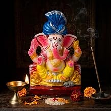 SATVIK 8-9 Inch - Eco Friendly Colored Ganesha Idol Sitting Pose Pagdi Style Handmade Clay Ganesh Statue for Home Decor Pooja Festival Decoration Design - 2