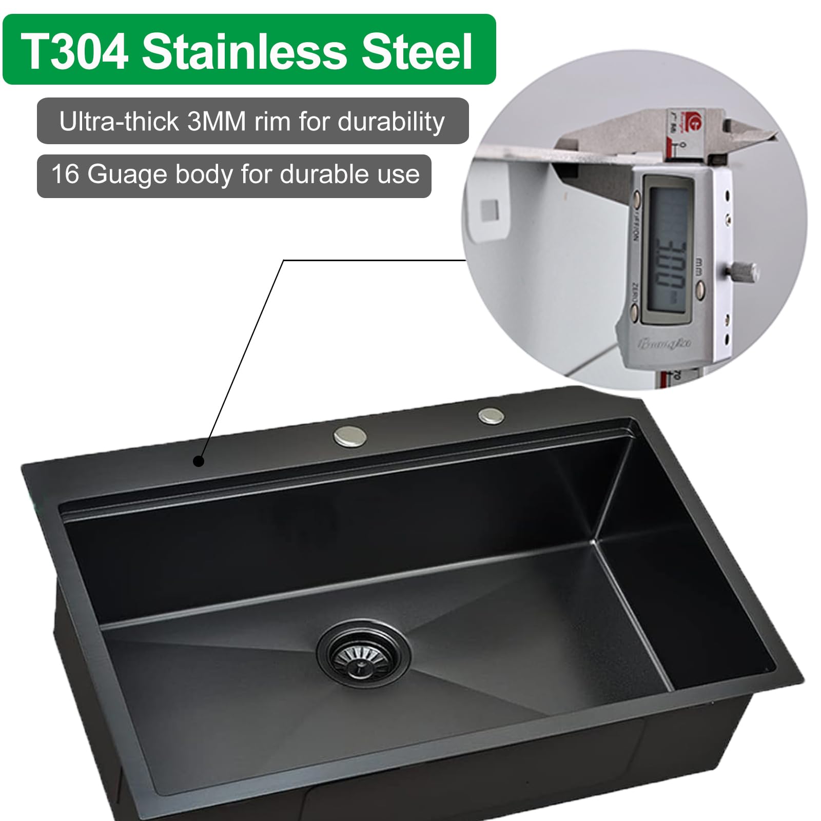 Black Kitchen Sink Drop In, 33"x22" Topmount Ledge Workstation Kitchen - View #8