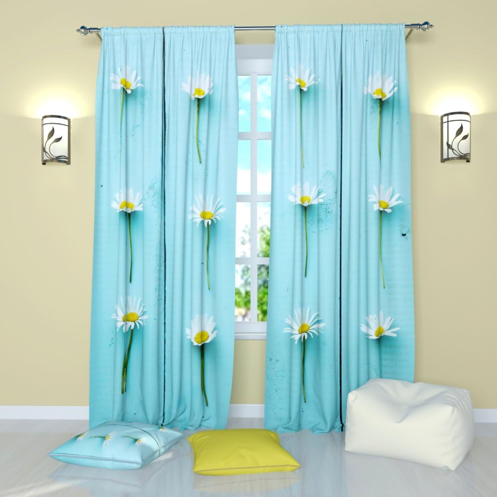 Factory4me Daisy Flower Curtains Rod Pocket Room Darkening Drapes 84 inches Long Window Panels Set of 2 Light Blue Curtains for Living Room Bedroom Kitchen Dining Room Family Room Home Office