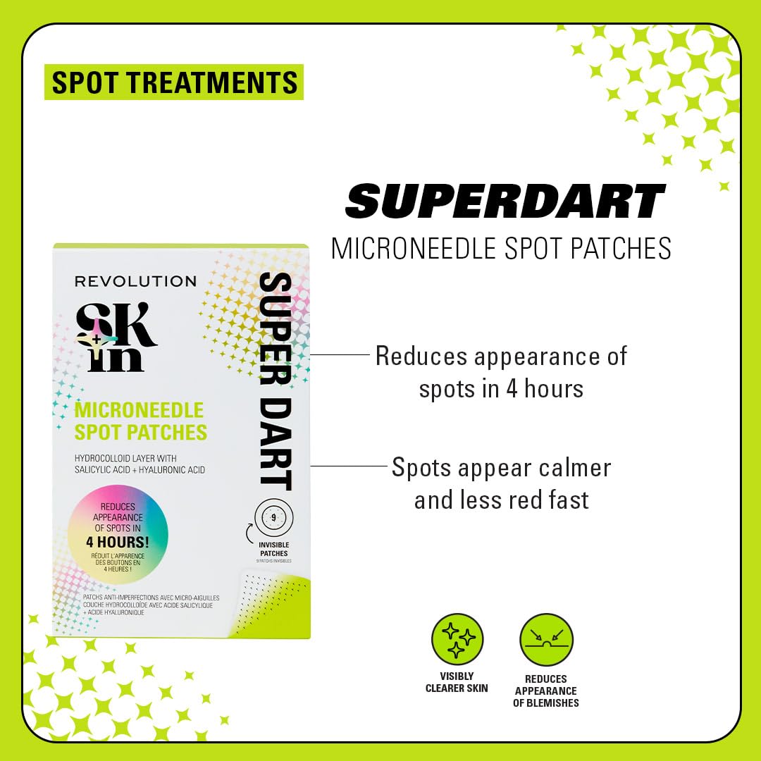 Revolution SKin, super dart Microneedle Spot Patches, plastry na pryszcze z kwasem salicylowym i hialuronowym, wegańskie i wolne od okrucieństwa, 9 plastrów