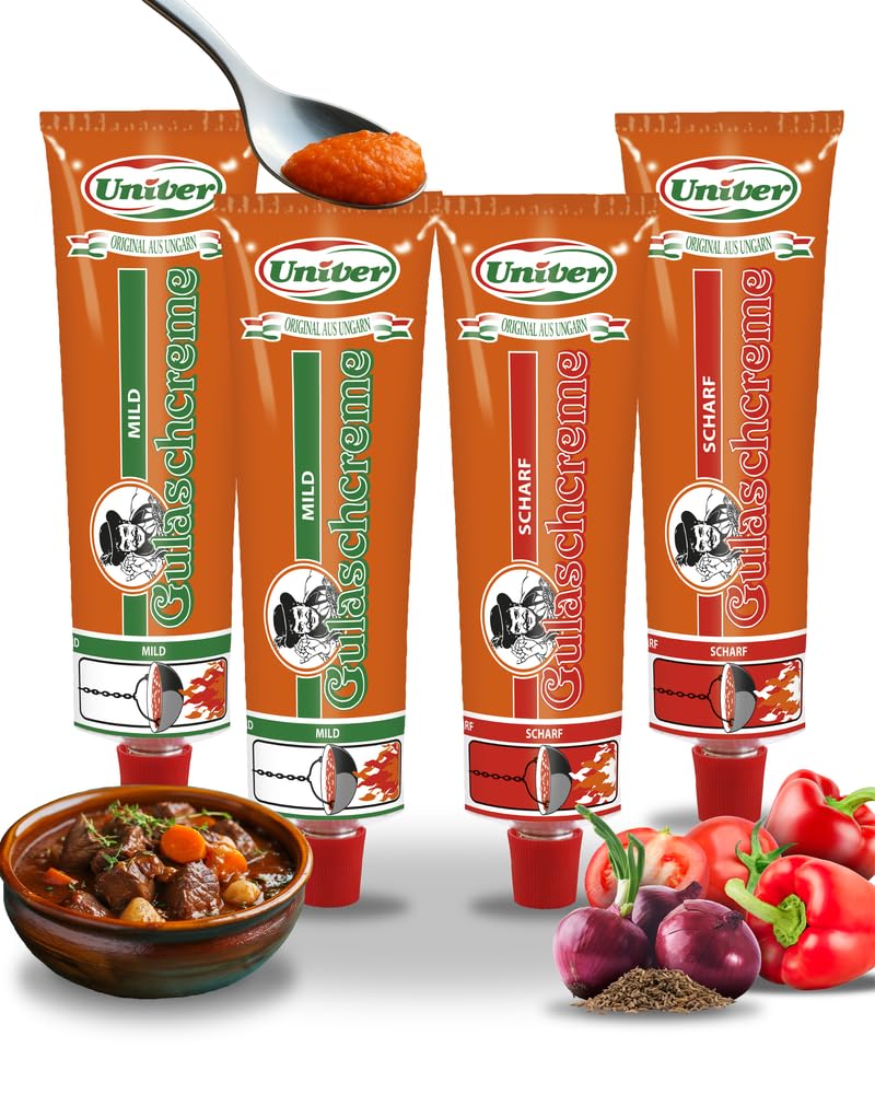 Univer Original Gulaschcreme ungarisch 4x160g [2x scharf & 2x mild] - SPARSET - Gulaschpaste ungarisch – Authentische ungarische Spezialitäten - Gulaschgewürz direkt vom Hersteller