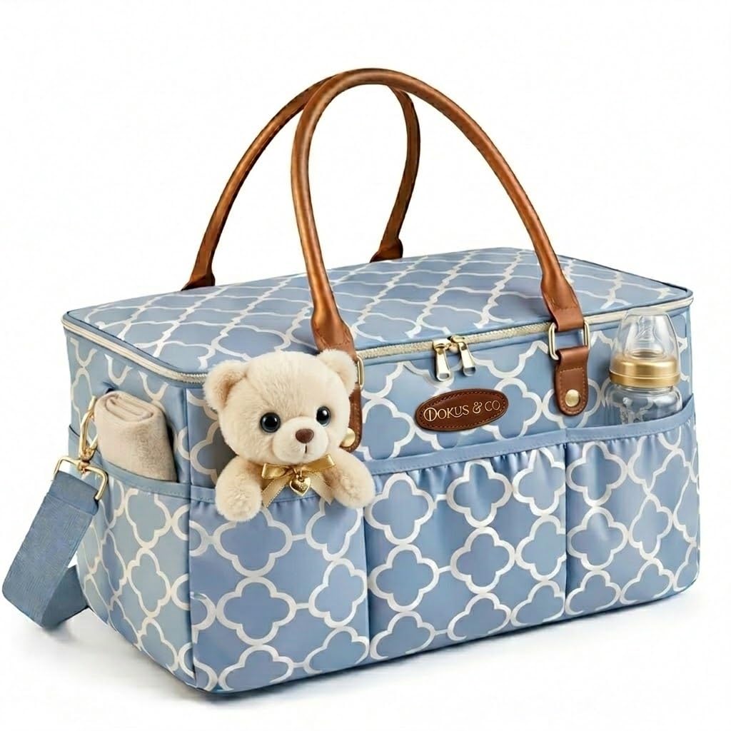 DOKUS & CO Large Diaper Bag Tote with Shoulder Strap – Water-Resistant Baby Bag for Travel, Mom & Dad – Stylish Diaper Organizer with Zipper Pockets – Blue Moroccan-image-27