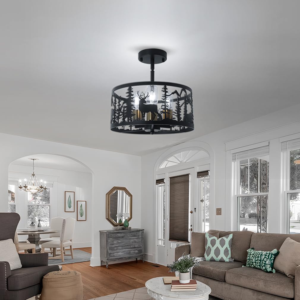 Sloped Rustic Semi Flush Mount Ceiling Light Fixture,3-Light Round E12 Base Black Metal Fixtures with Deer and Bear Design,Industrial Farmhouse Chandelier for Dining Room,Kitchen,Hallway,Bedroom