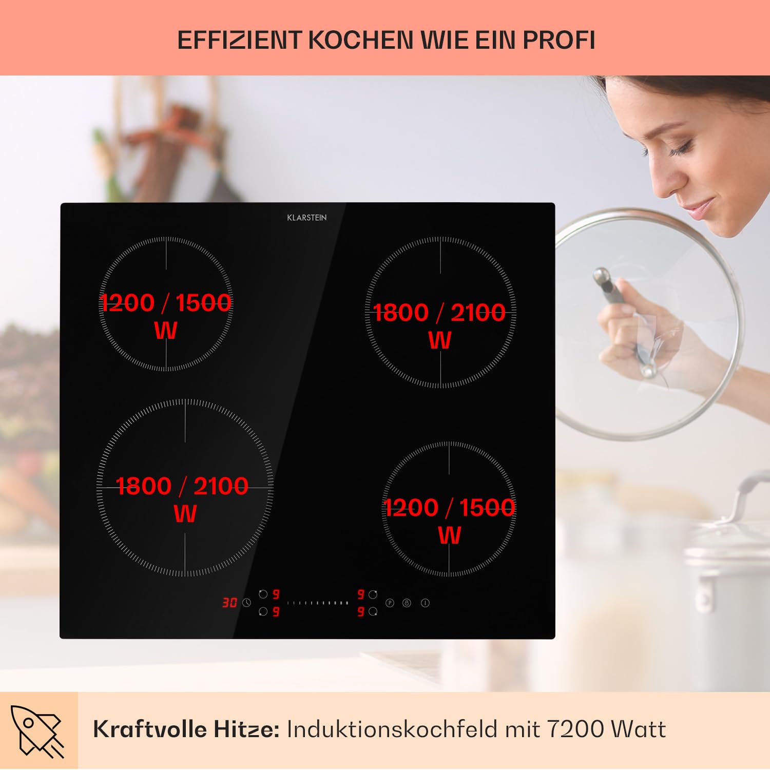 Klarstein Induktionskochfeld, Herd mit 4 Kochfelder, 7200W Induktion Einbauherd, Moderner Einbau-Induktionskochfeld mit 4 Platten, 4 Felder Glaskeramik Induktionskochfelder, Elektro Kochfeld