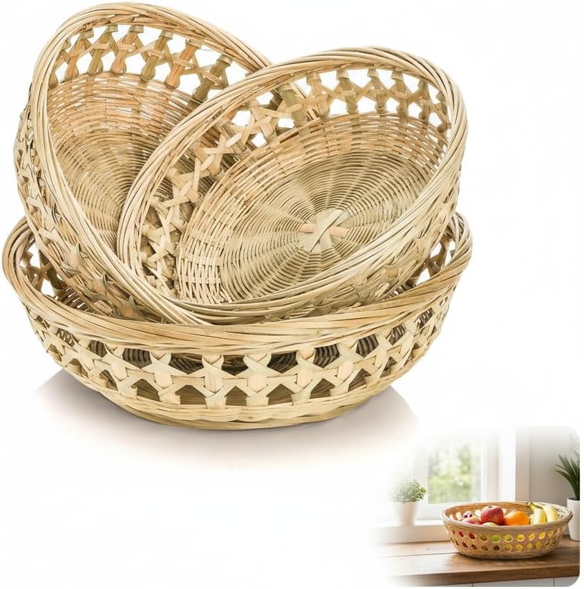 KASTWAVE Bamboo Woven Serving Baskets & Decorative Trays for Bread, Fruit, & Dates, Rustic Handwoven Rattan Storage Bowls for Kitchen Organization & Dining Table Decor, Set of 3