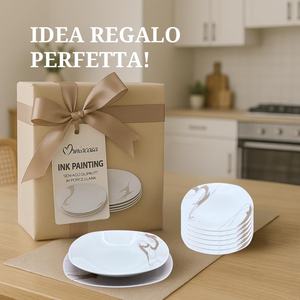 Set Piatti Porcellana 18 Pezzi per 6 Persone – Servizio da Tavola Moderno Bianco e Tortora – Lavabili in Lavastoviglie – Piatti Piani, Fondi e Dessert – Modello Ink Painting
