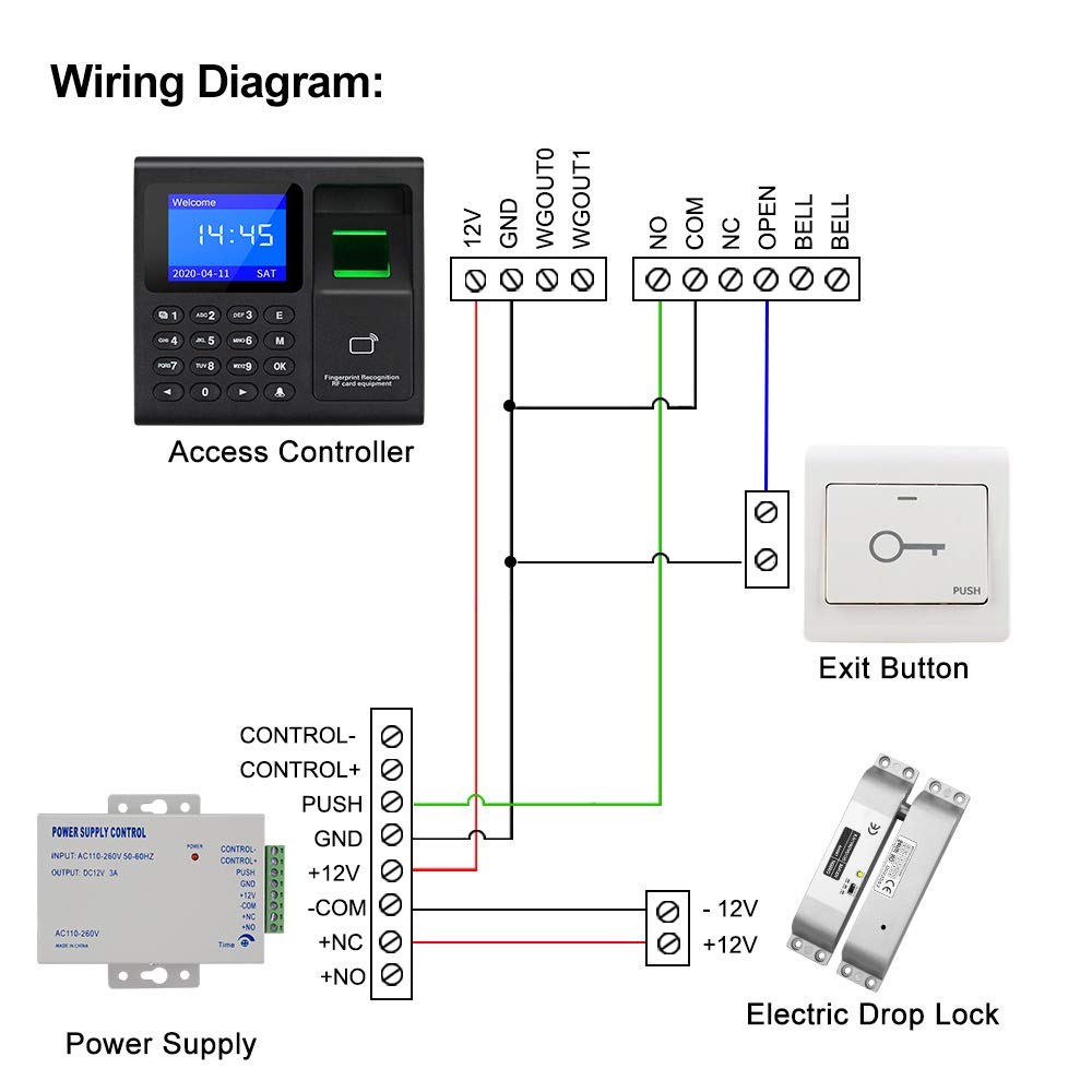 KDL Komplettes RFID-Zugangskontrollsystem Tastatur für Fingerabdruck-Zugangskontrolle, DC12V/3A-Netzteil, Elektrisches Riegelschloss mit Schaltertaste 125kHz Schlüsselanhänger für alle Arten von Türen