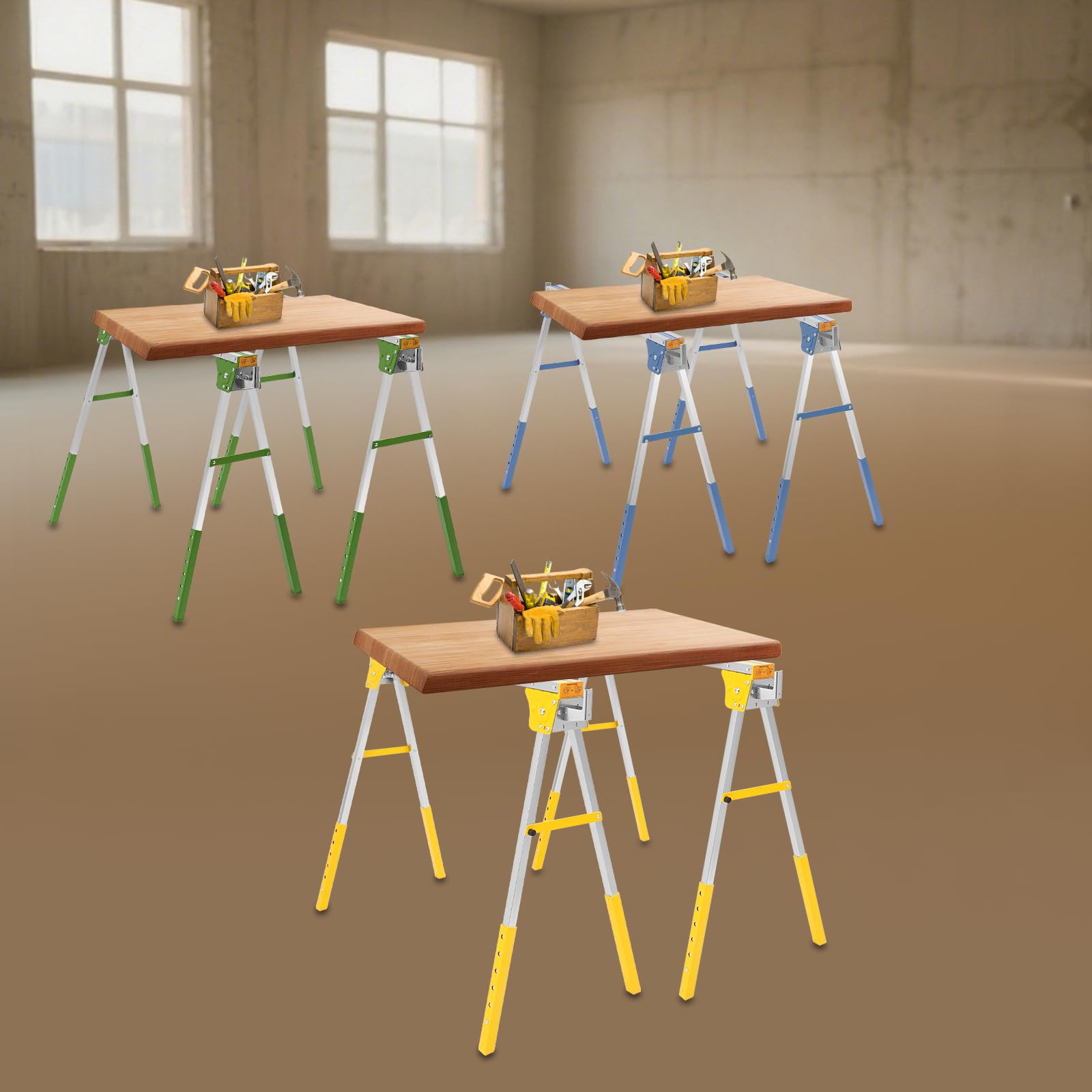Juego de 2 caballetes de trabajo plegables, altura regulable hasta 1200 kg | Caballete plegable con 6 alturas y 4 ganchos para taller, garaje, construcción y jardín