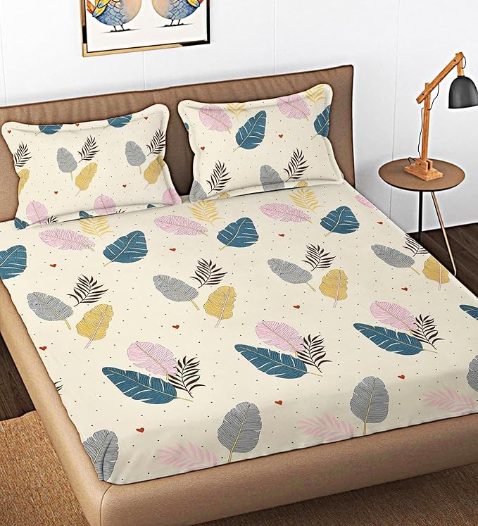 Geeta Homes Premium Cotton Feel Glace Cotton 210 Tc Elastic Fitted Bedsheets with 2 Pillow Covers Double Bed with Corner Elastic Floral Pattren |Size-72X68+ 6 Inches Homes 3379