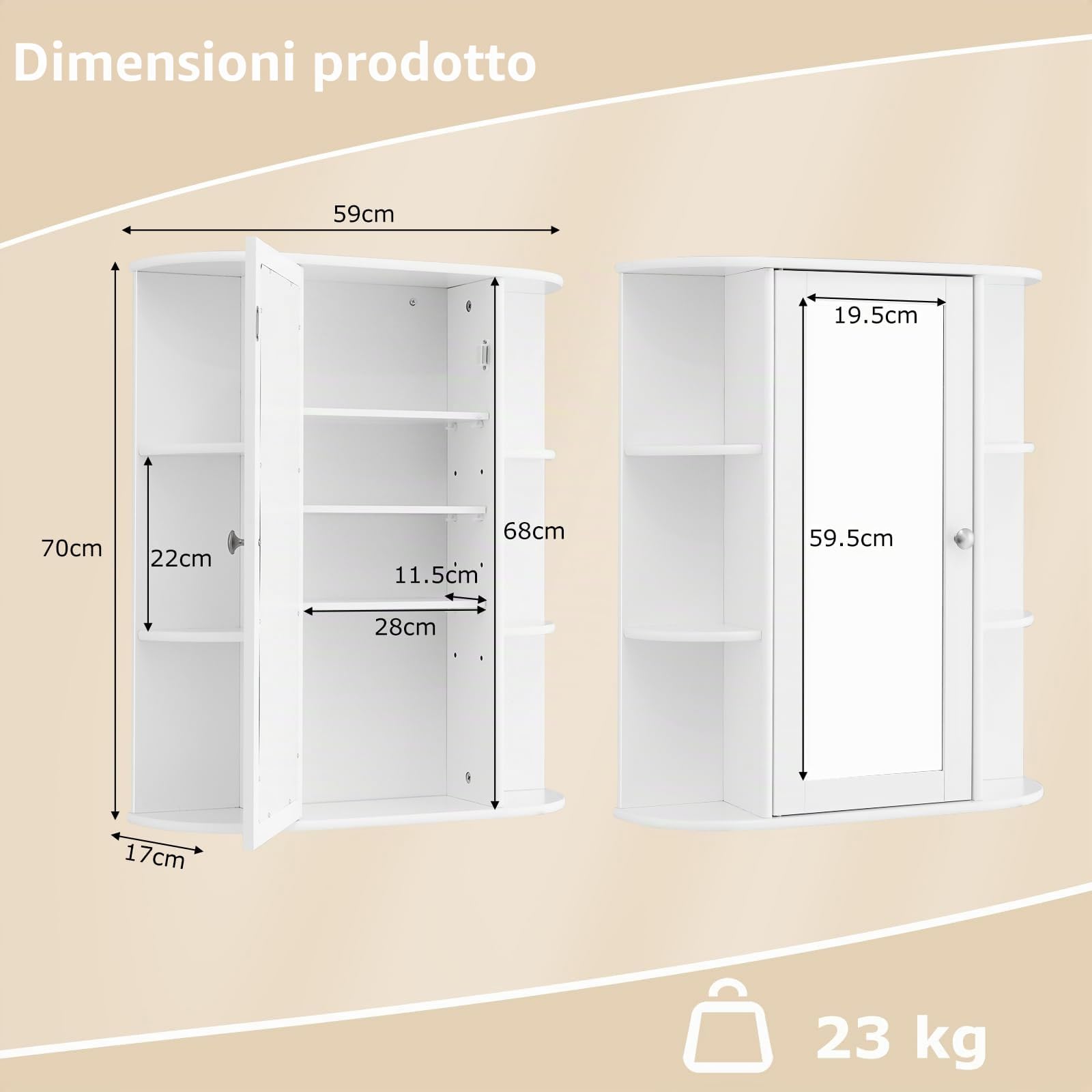 GIANTEX Armadietto Bagno a Parete, Mobiletto Pensile con Ante di Specchio, 6 Scomparti Laterali, 2 Colori Disponibili, 60x16,5x70 cm