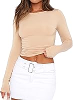 Vista 83 de Blusa corta básica casual para mujer, ajustada, manga larga, cuello redondo, color sólido, para otoño, camiseta ajustada Gris claro