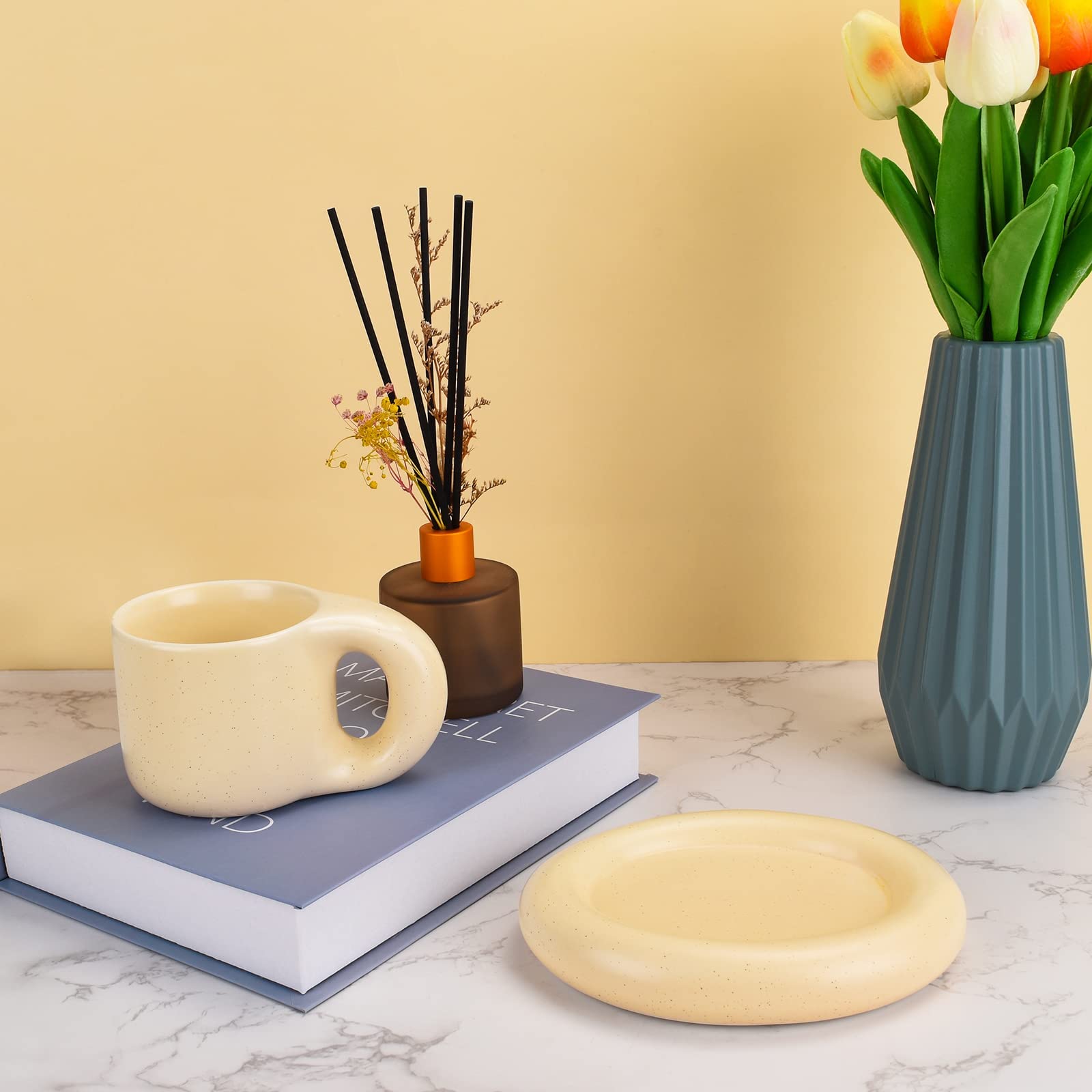 Koythin Ceramic Coffee Chubby Mug Saucer Set, Creative Cute Fat Handle Cup with Saucer for Office and Home, Dishwasher and Microwave Safe, 10 oz for Latte Tea Milk (Milky Apricot)