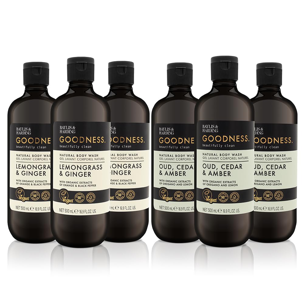 Baylis & Harding Goodness Body Wash Bundle: 3 x 500 ml Lemongrass & Ginger & 3 x 500 ml Oud, Cedar & Amber (6 bottles) - Vegan Friendly