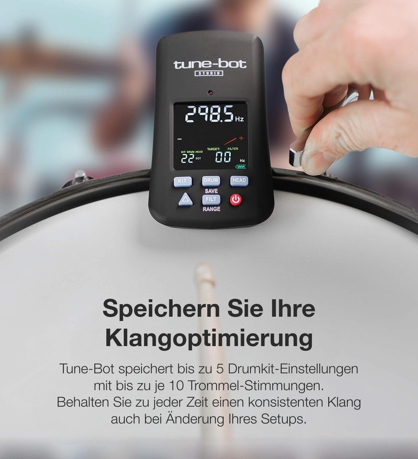 Overtone Labs Tune-Bot Studio TBS-001 Digitales Schlagzeug-Stimmgerät mit Clip, Frequenz- & Tonhöhenmessung, Speicherfunktion für 5 Drumkits, LCD-Farbdisplay, inkl. Etui