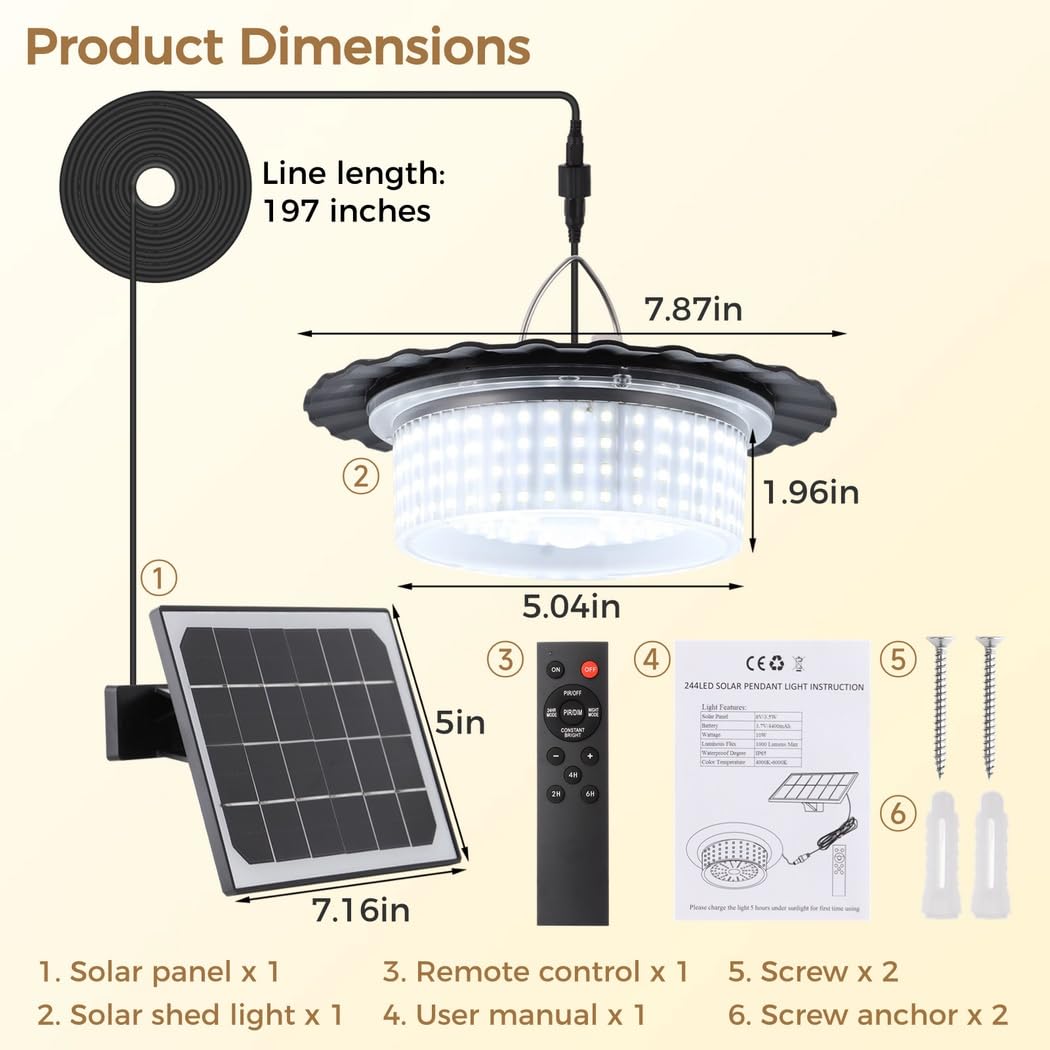 Zasilana energią słoneczną lampa szopowa z 5 trybami oświetlenia, czujnik ruchu, pilot zdalnego sterowania, 244 diody LED do użytku na zewnątrz i wewnątrz, lampa sufitowa do garażu, podwórka