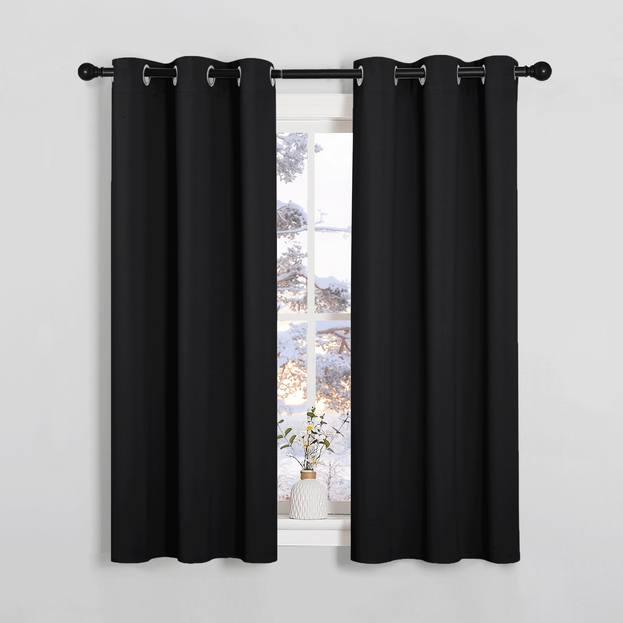 PONY DANCE Short Black Blackout Curtains With Eyelet for Bedroom Thermal Room Darkening Privacy Curtains & Drapes for Nursery Kids,Soundsproof Light Blocking Drapes