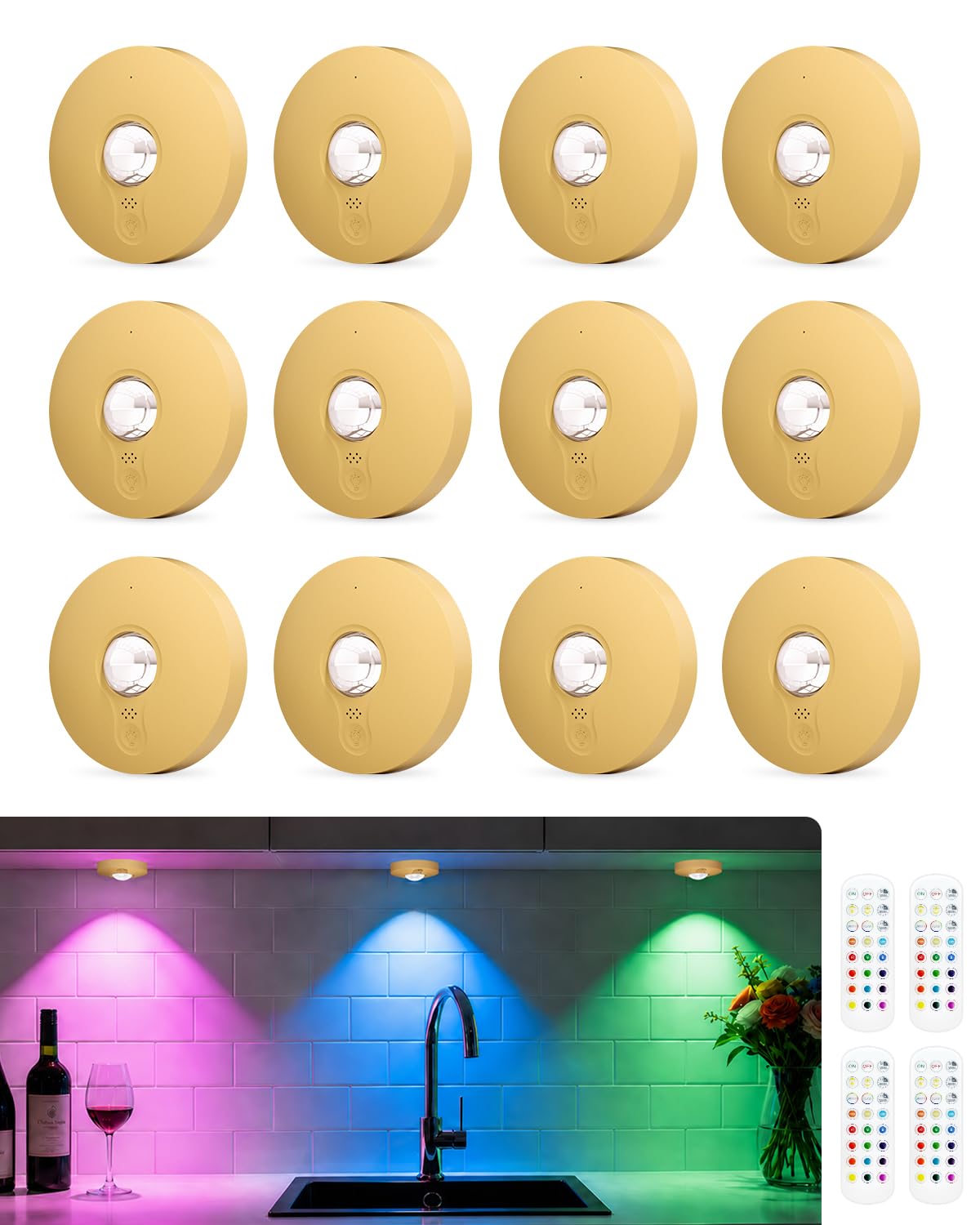 WUYOR Rechargeable RGB Puck Lights with Remote Control, 1500mAh Battery Under Cupboard Kitchen Lamp, Dimmer & Timer Under Cabinet, Wireless LED Stick-On for Closet, Bedroom - Gold 12Pcs