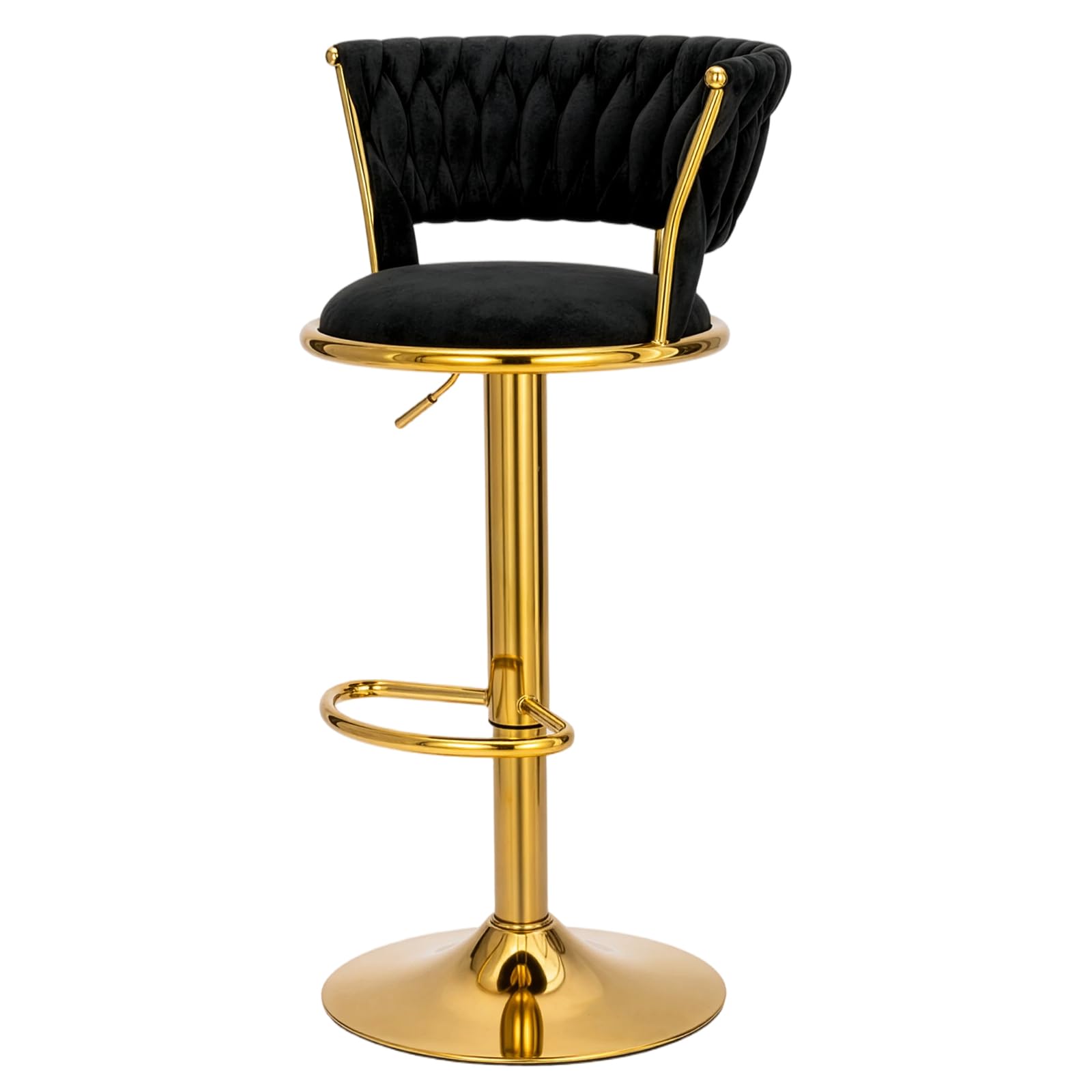 Adjustable Swivel Bar Stool, Modern Velvet Counter Height Bar Chair with Backrest and Footrest, Gold Frame, Perfect for Home Bar, Kitchen Island, Dining, and Commercial Bars, Black