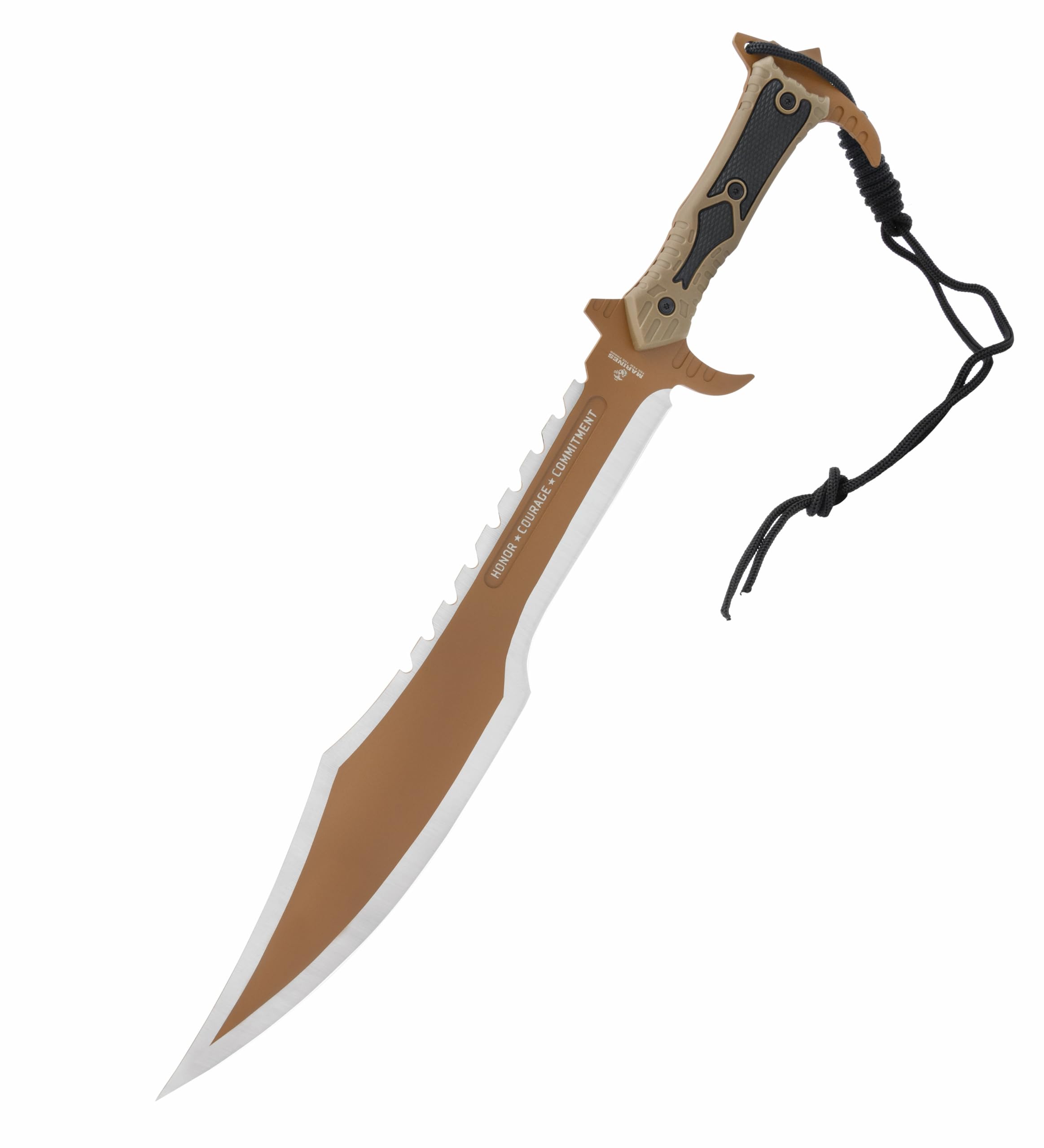 USMC Desert Ops Spartan Sword and Scabbard | Battle Ready Full Tang | 17.5" Razor Sharp Stainless Steel Blade | Real Swords for Adults | Officially Licensed Tactical Sword - 23.5" Overall Length