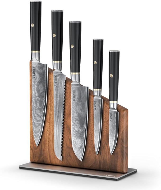 Yatoshi Knives Magnetic Kitchen Knife Block Set - Japanese 67 Layer High-Grade VG-10 Steel Knives, Sharp, G10 Handle Professional Kitchen Knife Set - Black Damascus (6 pieces)