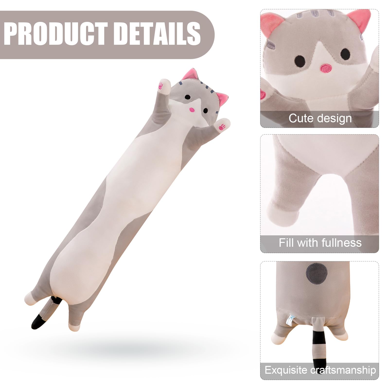 PORUPAEL Long Cat Plush Sleeping Pillow 20''/50cm, Long Cat Plush Body Pillow Cute Kitty Sleeping Throw Pilow for Boys and Girls - Image 4