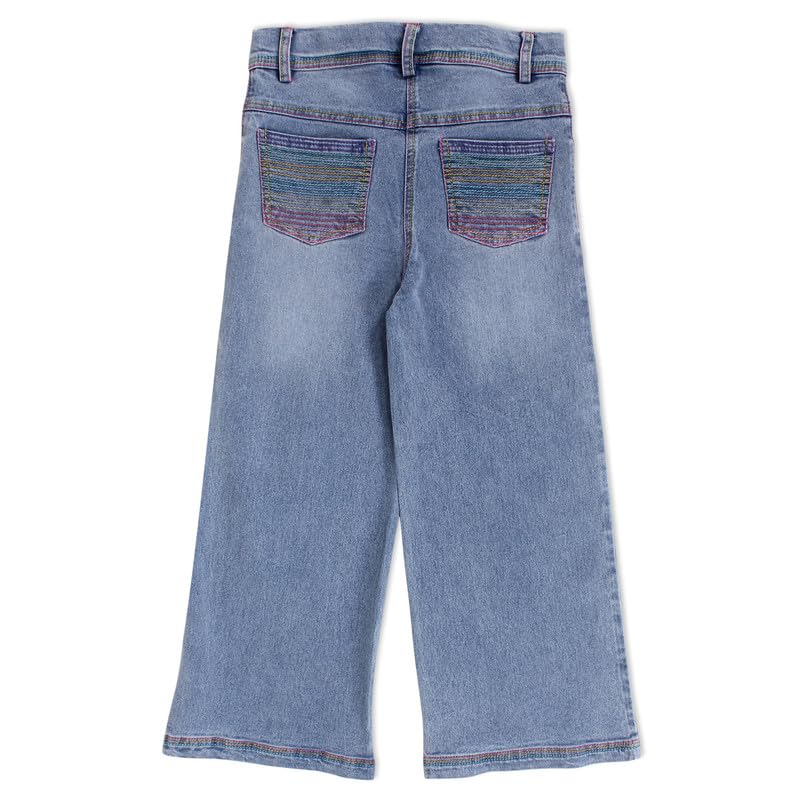 Image of Cutecumber Girls Cotton Rich Denim Wide-Leg Jeans - Side Panel Printed with Floral Ribbon Accessory, Stylish Casual Outfit for Baby Girls & Kids (Age 1-15 Years)
