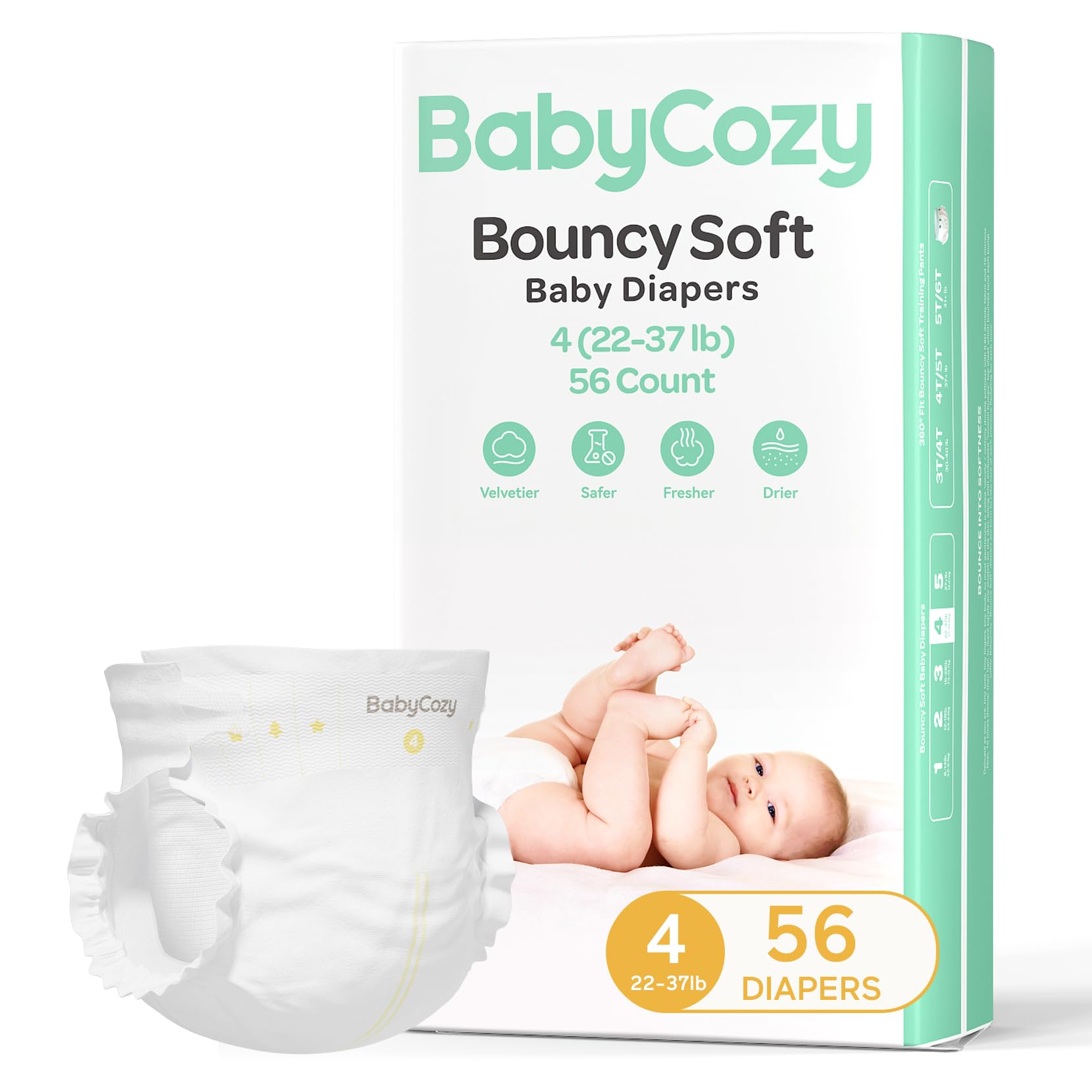 Baby Diapers Portable Pack Size 4(22~37lb), 56 Count Babycozy Bouncy Soft Diapers Disposable Hypoallergenic Diapers to Protect Sensitive Baby Skin