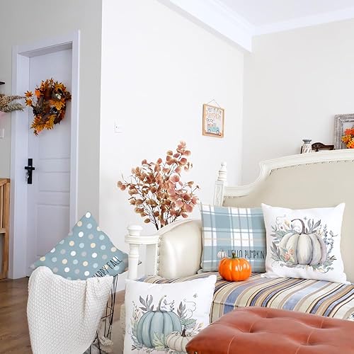 Miniatura 8 de GEEORY Juego de 4 fundas de almohada de otoño de 16 x 16 pulgadas, diseño de rayas, búfalo, lunares, calabazas, hojas, decoración de interiores,