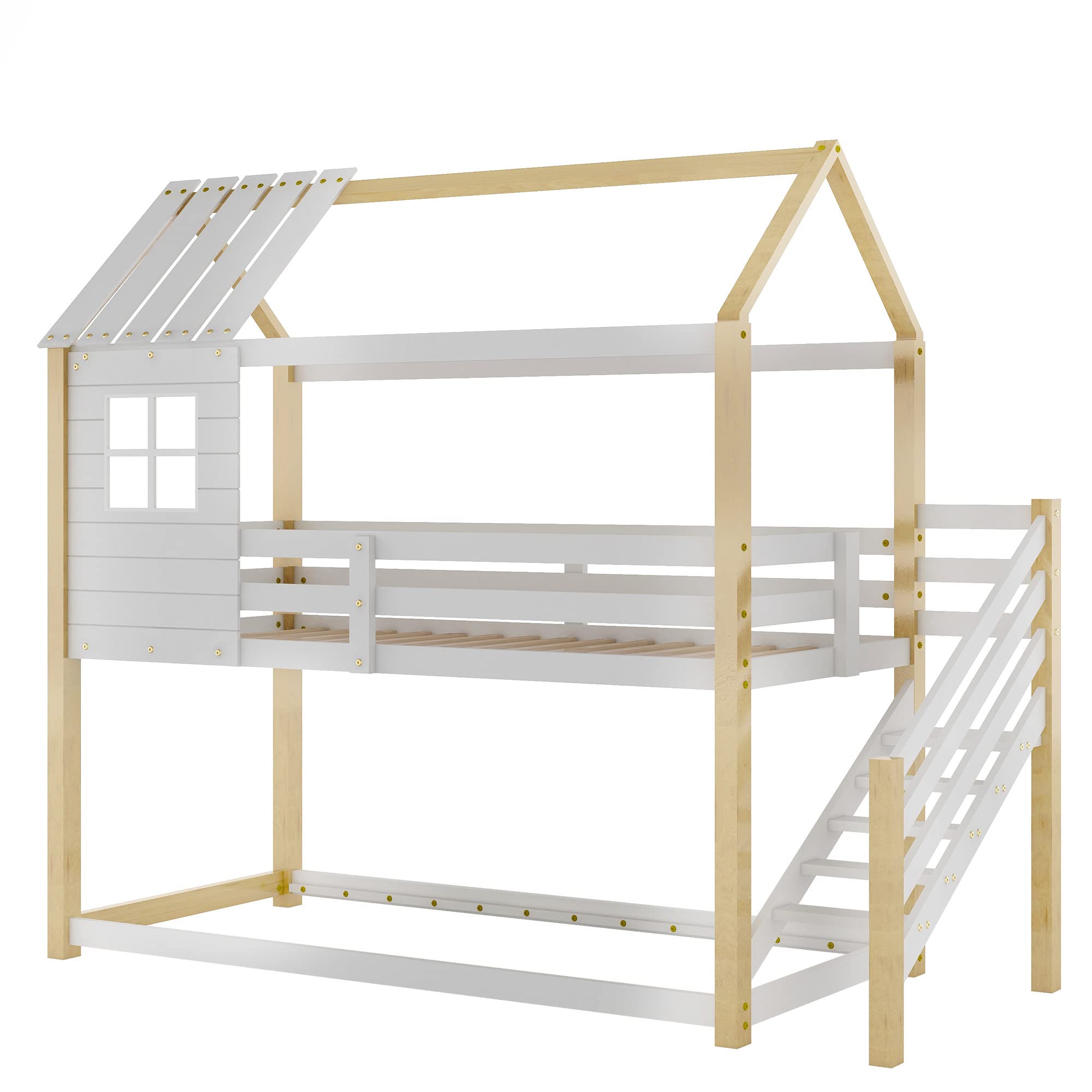 Baumhaus Kinderbett, Bett mit Ecktreppe, Hausbett, Kinderbett mit Fallschutz und Gitter, mit Fenster, Rahmen aus Kiefer, weiß+Natur (200x90cm),Woodcolor