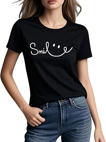 Women Smile Graphic T-Shirt Cute Funny Casual Short Sleeve Tops