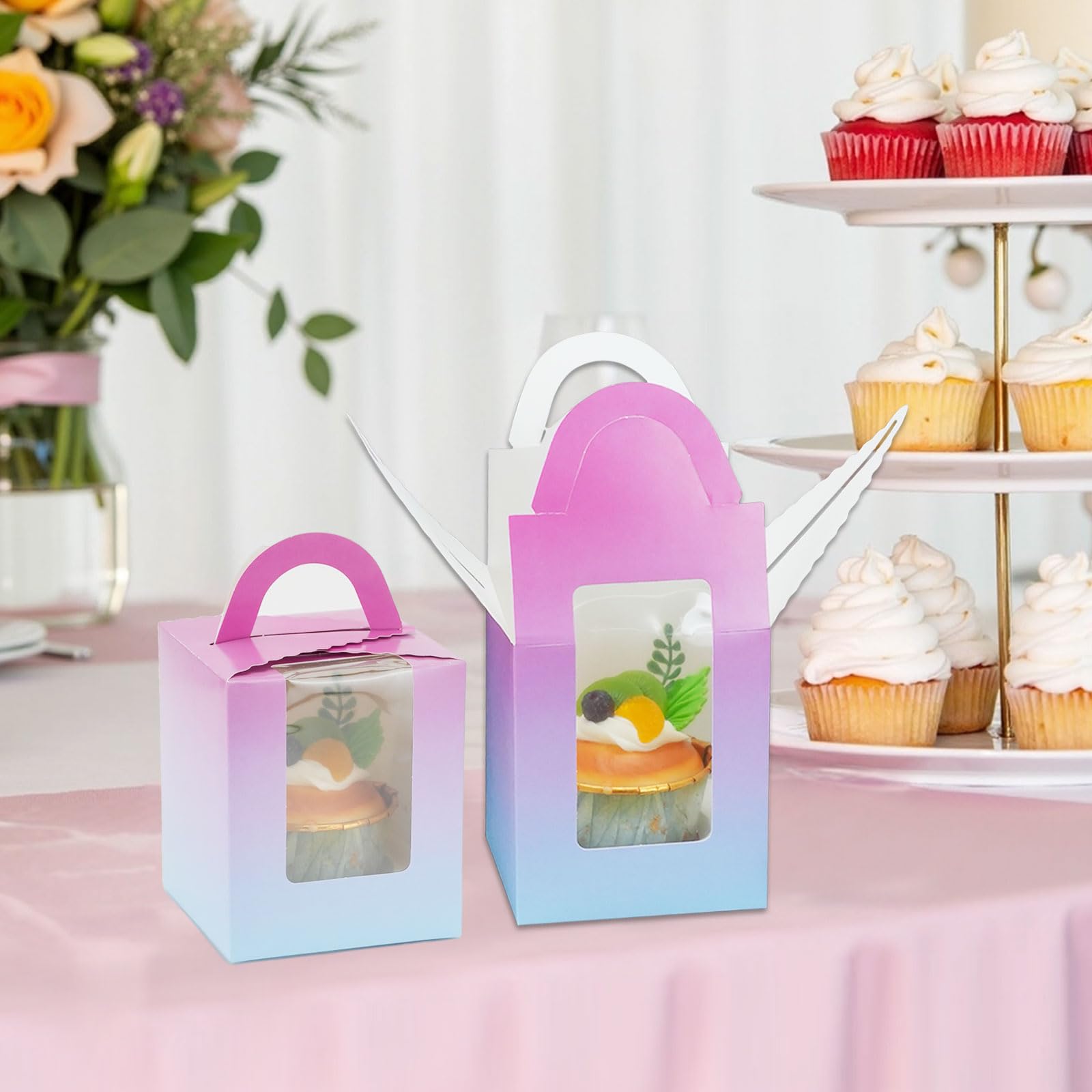 20 stuks 2 houders Cupcake dozen, Lainrrew White Muffins Cupcake Carrier Containers met helder venster en handvat voor bakkerijverpakking, bruiloft, verjaardag (roze