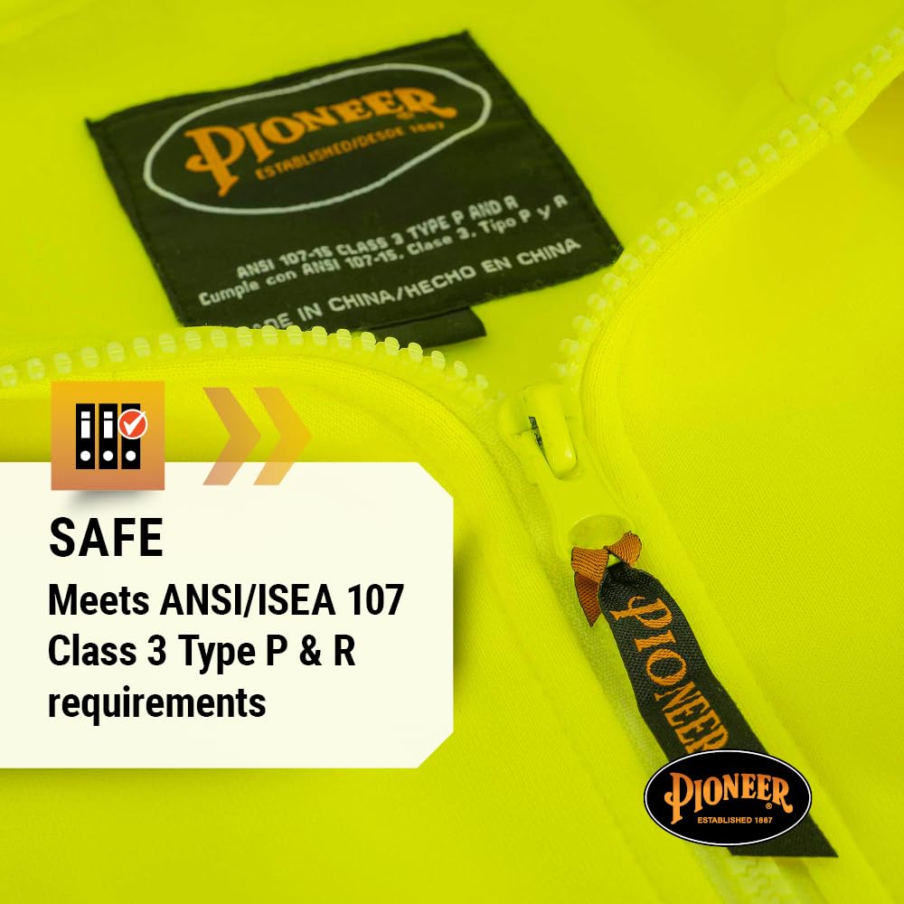 Pioneer High Visibility Safety Hoodie – Reflective Hi Vis Sweatshirt Jacket with Zipper, Pockets – Polyester Fleece – Orange and Yellow/Green