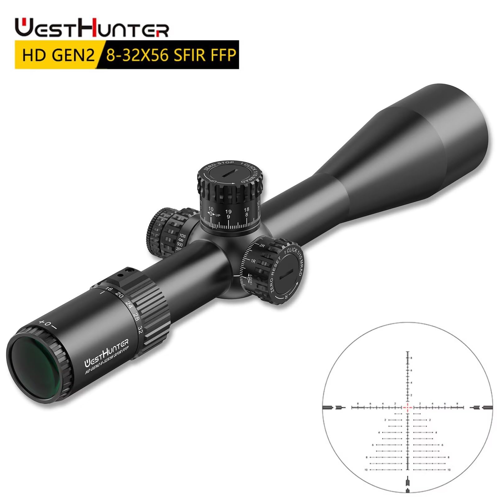 WestHunter HD GEN2 8-32x56 FFP Mira Telescópica de Precisión, Tubo 34mm, Cristal Grabado, 1/10 MIL, Zero Stop - Indicada Únicamente para Actividades Deportivas