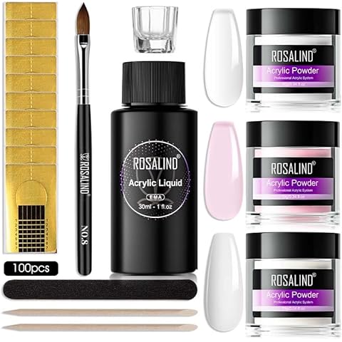 ROSALIND Acrylic Powder Kit, Clear Pink Acrylic Nail Powder Set Polymer Nail Powder with Acrylic Liquid Acrylic Nail Brush Nail Forms and DIY Nail Art Tools Nail Acrylic Extension Kit for Beginner Cover