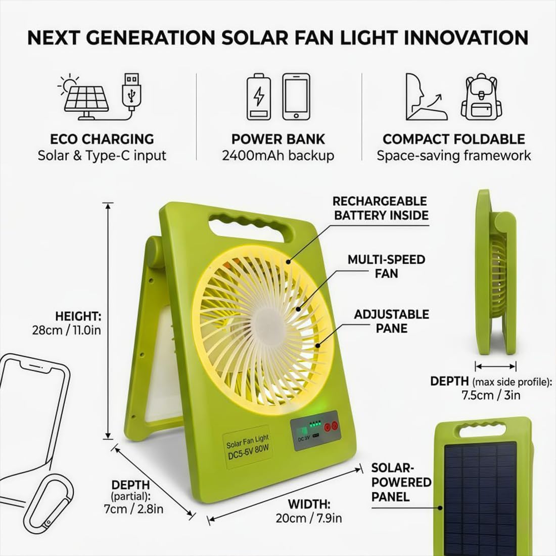 2-in-1 Solar-Campingventilator mit LED-Licht, 2400-mAh-Akku, Faltbare Zeltlampe mit USB-C- und Solarladung, Powerbank für Stromausfall und Outdoor (2PCS-FAN)