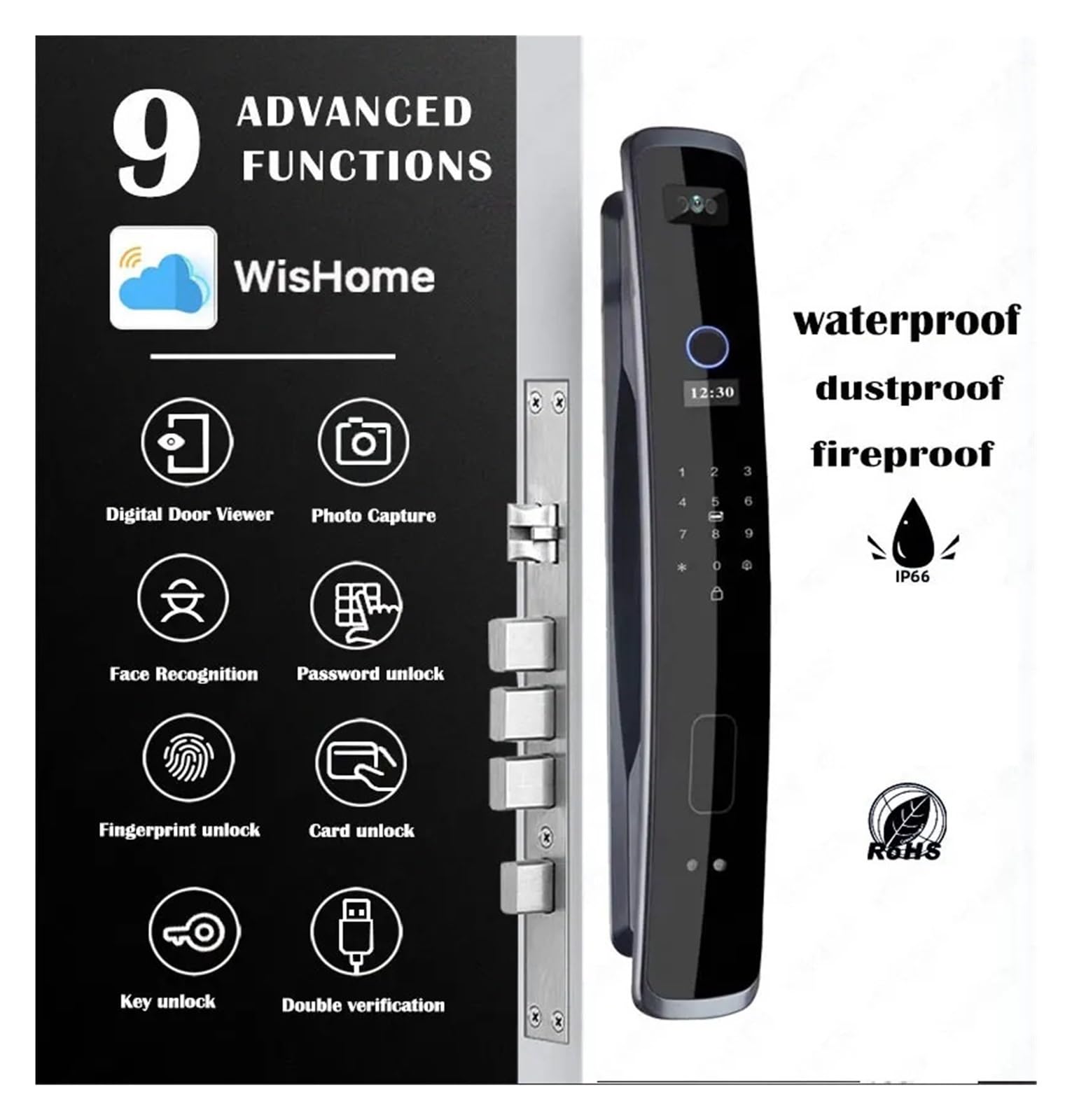 3D-Gesichtserkennung, Fingerabdruck, Wasserdicht, Intelligentes Türschloss, WLAN-Fernbedienung, Fotosteuerung, Entriegelung Mit App-Schlüssel, NFC-Karte, RFID Einfache Hohe Sicherheit(24x240s)