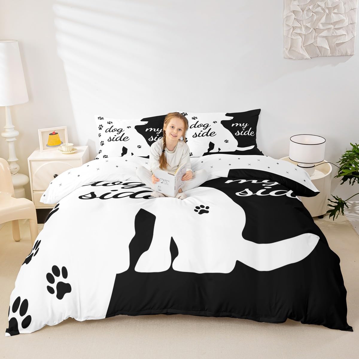 Housse de couette empreinte de chien parure de lit 3 pièces lit double noir et blanc Manfei