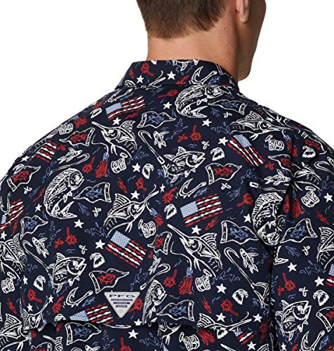 Columbia Men’s Trollers Best Short Sleeve Shirt, 100% Cotton, Collegiate Navy Americana Fishing Print, X-Large #TOP4