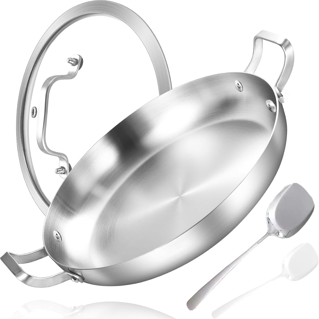 Inqibee 30 cm Dreischicht-Edelstahl-Paellapfanne mit Deckel | Edelstahlgriffe | für 3–4 Personen | leicht zu reinigen | spülmaschinen und ofenfest | passend für Induktion | alle Herdarten