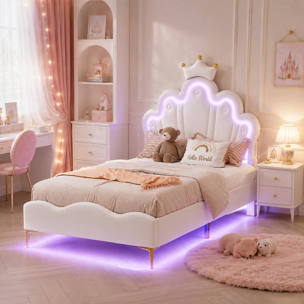 BRILVERDE 3FT Single bed 90x190 with LED Padded Headboard, Princess Bed Frame for Girls, Slatted Frame, Princess Design Bed for Girls, Children, Teens (White Leather, 90 x 190 cm) — image 1